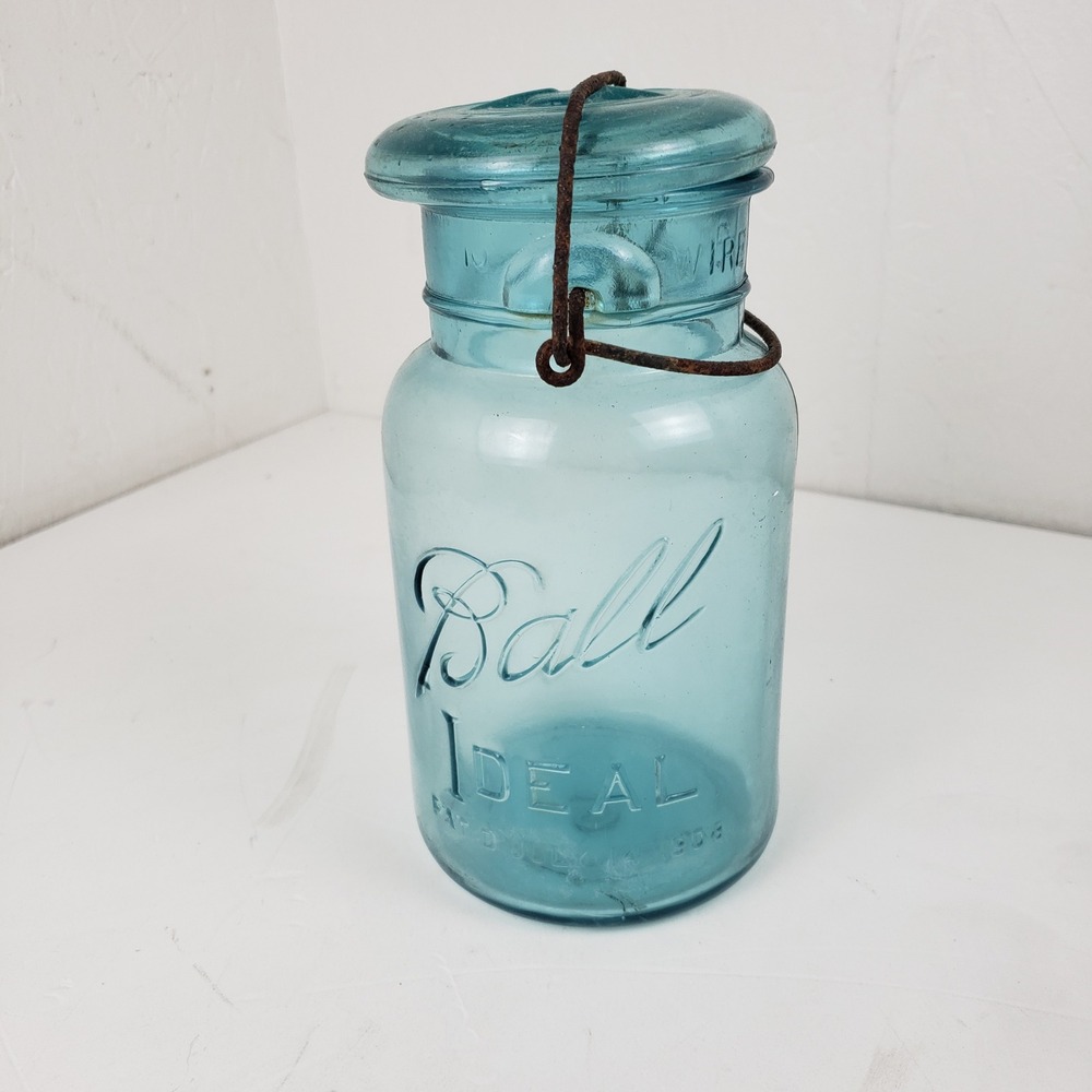 Vintage Ball Ideal Aqua Blue Glass Canning Jar Patent July 14 1908 Wire Bail Lid